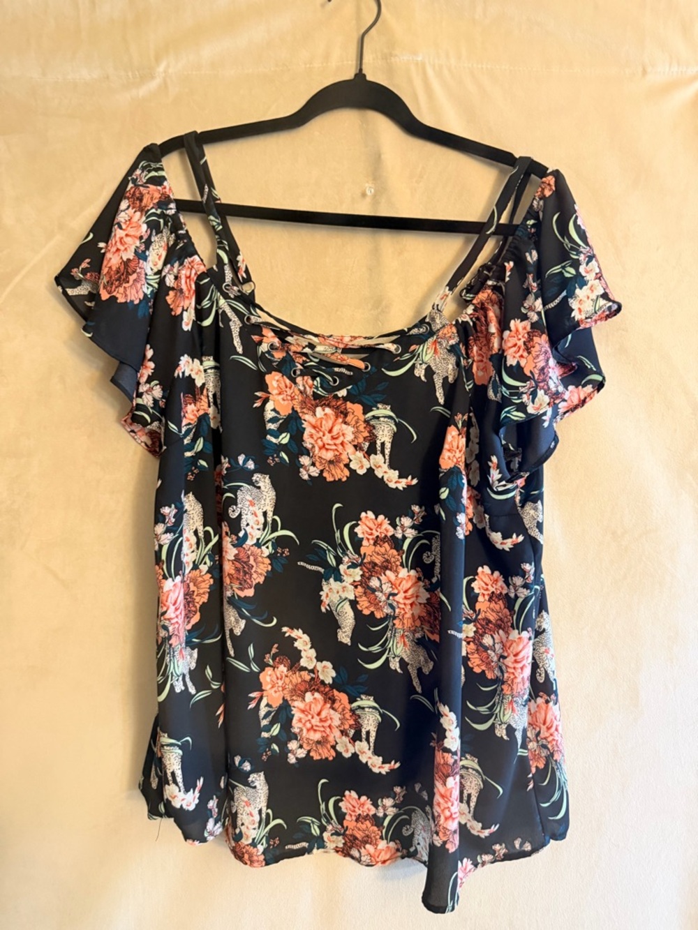 torrid Black Cold-Shoulder Floral Blouse with Coral Flowers
